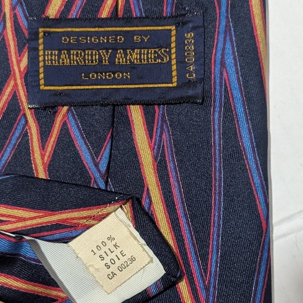 Hardy Amies London 100% Silk Tie Navy Multicolor Geometric Stripe Pattern - Picture 5 of 6